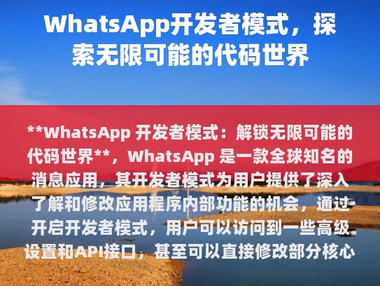 WhatsApp 开发者模式，探索无限可能的代码世界